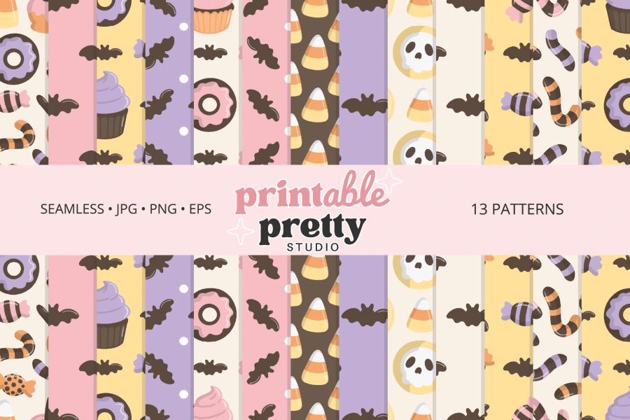 Thirteen Halloween-Themed Printable Patterns Featuring Candy Corn, Cupcakes, Donuts, Bats, And Skull Cookies In Pastel Colors.