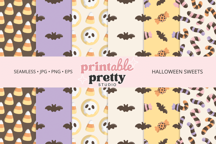 Four Halloween-Themed Patterns Featuring Candy Corn, Skull Cookies, Bats, Wrapped Candies, And Candy Canes.
