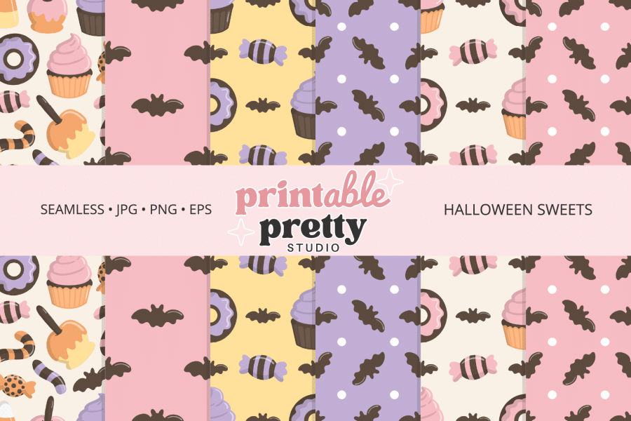 Four Pastel-Colored Halloween-Themed Patterns Featuring Cupcakes, Donuts, Candy, And Bats.