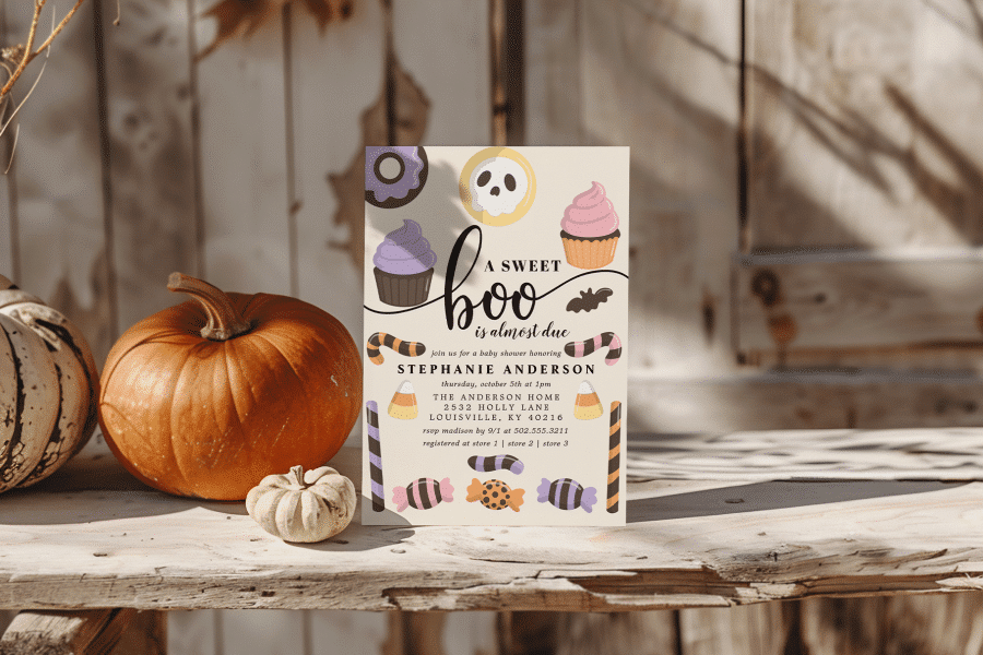 Halloween-Themed Baby Shower Invitation With Cupcakes, Candy, And A Skull.
