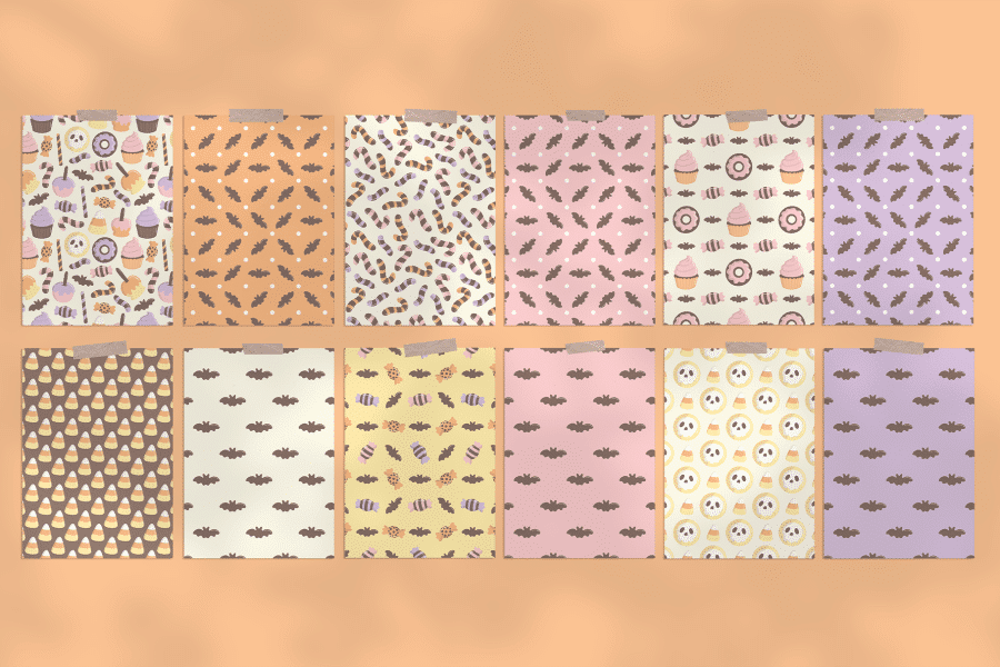 Ten Halloween Themed Paper Sheets With Repeating Patterns Of Candy, Bats, And Skull Cookies.