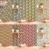 A Kitchen Counter Displays Various Patterned Wallpaper Samples, Each Featuring A Different Design: Lemons, Olives, Vegetables, And Coffee Pots.  Each Sample Is Accompanied By Croissants And Strawberries.