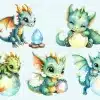 Five Adorable Baby Dragons In Various Poses, Some Holding Orbs Or A Gemstone.