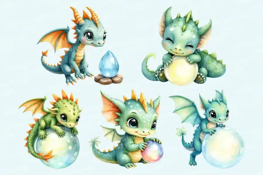 Five Adorable Baby Dragons In Various Poses, Some Holding Orbs Or A Gemstone.
