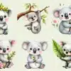 Six Adorable Baby Koalas In Various Poses, Some With Flowers And Leaves.