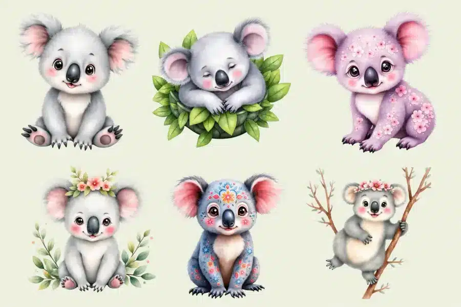 Six Adorable Baby Koalas In Various Poses And Adornments.