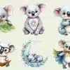 Six Adorable Koala Illustrations; One Holds A Leaf, One Has A Rainbow Mandala On Its Chest, One Holds A Paintbrush, One Wears Glasses And Reads A Book, One Sleeps On A Crescent Moon, And One Wears A Cape.