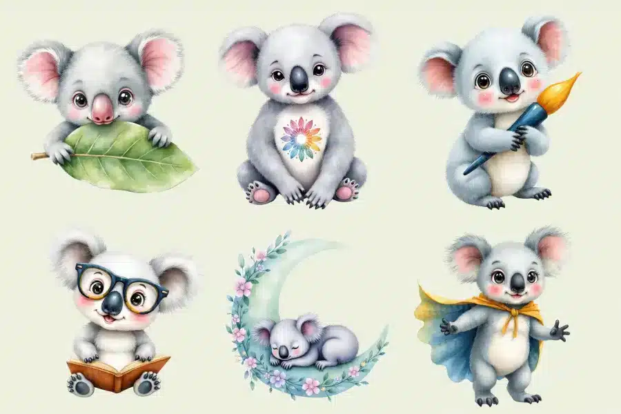 Six Adorable Koala Illustrations; One Holds A Leaf, One Has A Rainbow Mandala On Its Chest, One Holds A Paintbrush, One Wears Glasses And Reads A Book, One Sleeps On A Crescent Moon, And One Wears A Cape.