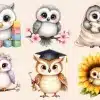 Six Adorable Baby Owls In Various Settings:  One With Blocks, One On A Branch With Flowers, One In A Blanket With A Cup, One With A Flower Crown, One In A Graduation Cap, And One Nestled In A Sunflower.
