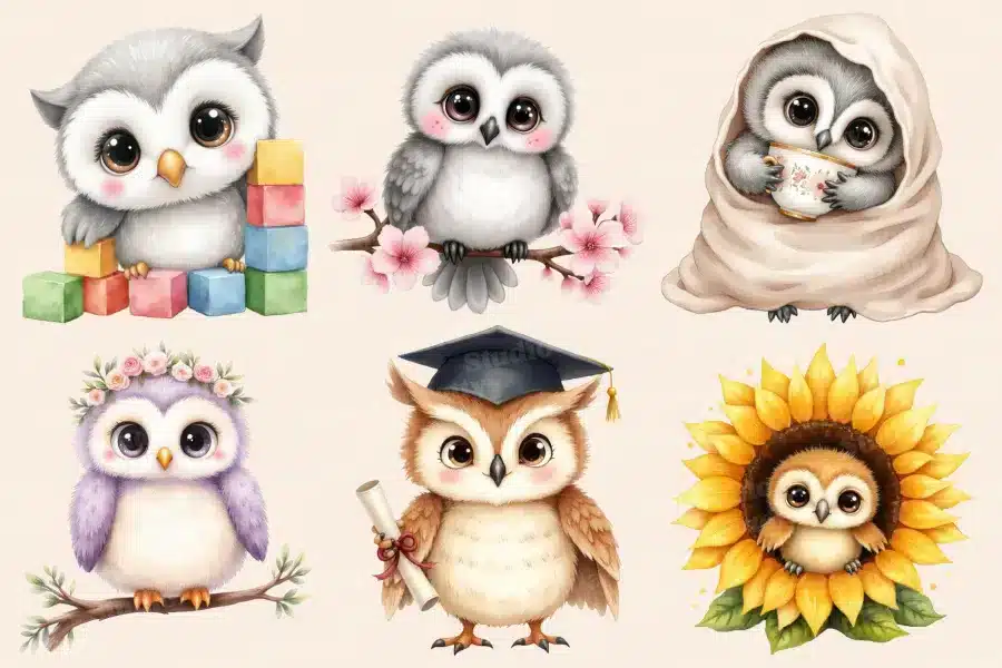 Six Adorable Baby Owls In Various Settings:  One With Blocks, One On A Branch With Flowers, One In A Blanket With A Cup, One With A Flower Crown, One In A Graduation Cap, And One Nestled In A Sunflower.