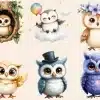Six Adorable Cartoon Owls In Various Poses And Attire.