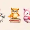 Three Adorable Baby Animals: A Penguin Holding Balloons, An Owl Wearing Glasses Perched On Books, And A Fluffy Pink Owl Holding A Heart.