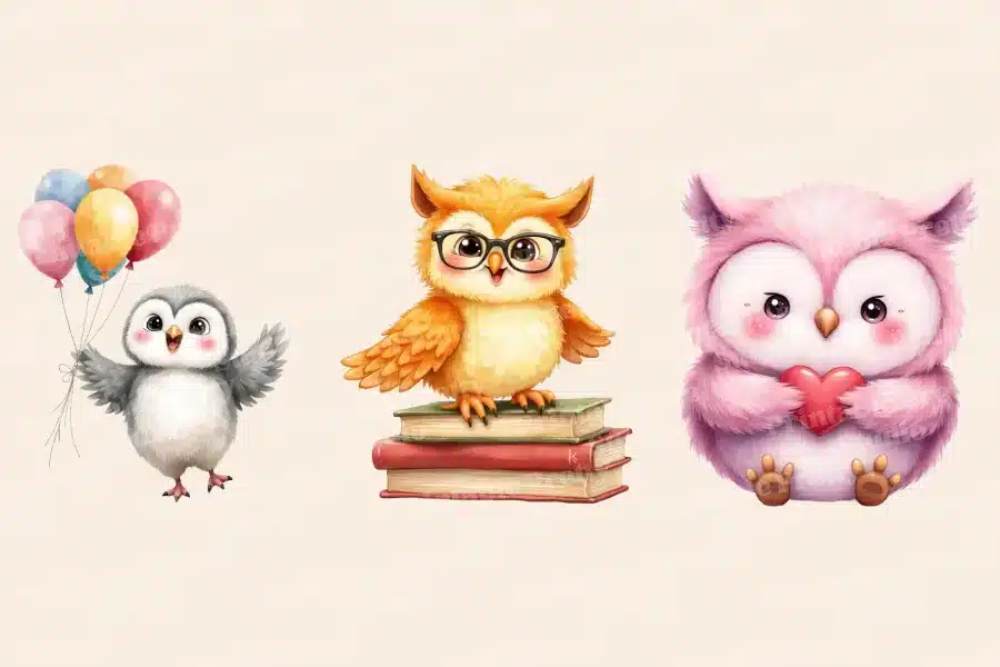 Three Adorable Baby Animals: A Penguin Holding Balloons, An Owl Wearing Glasses Perched On Books, And A Fluffy Pink Owl Holding A Heart.