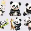 Six Adorable Baby Pandas Engaged In Various Activities: Blowing Bubbles, Eating Bamboo, Flying A Paper Airplane, Playing On Bamboo, And Painting.