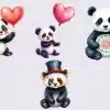 Four Adorable Cartoon Pandas: One Holding A Heart-Shaped Balloon, One With A Heart-Shaped Balloon Above It, One Holding A Mandala, And One Wearing A Top Hat And Monocle.