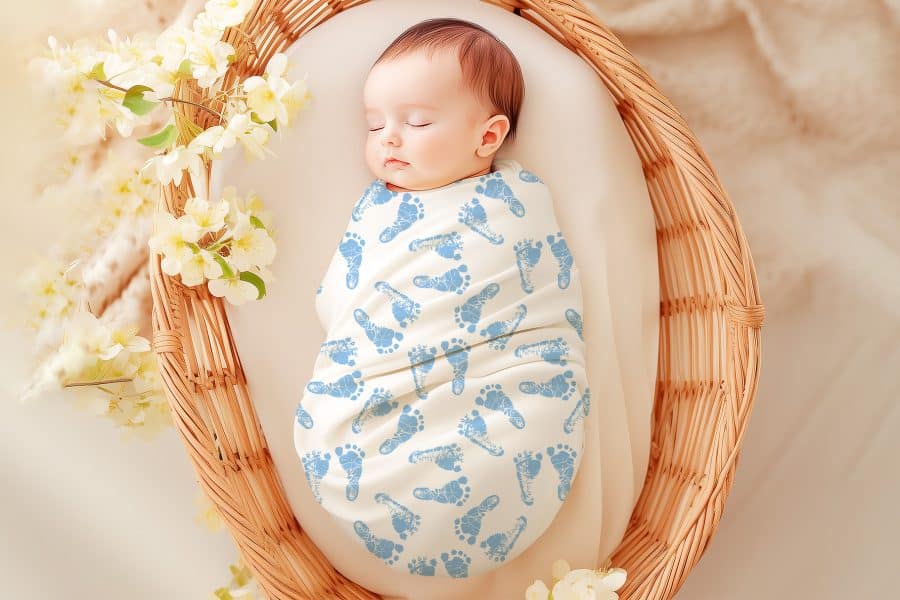 Sleeping newborn baby swaddled in a white blanket with light blue baby footprints.