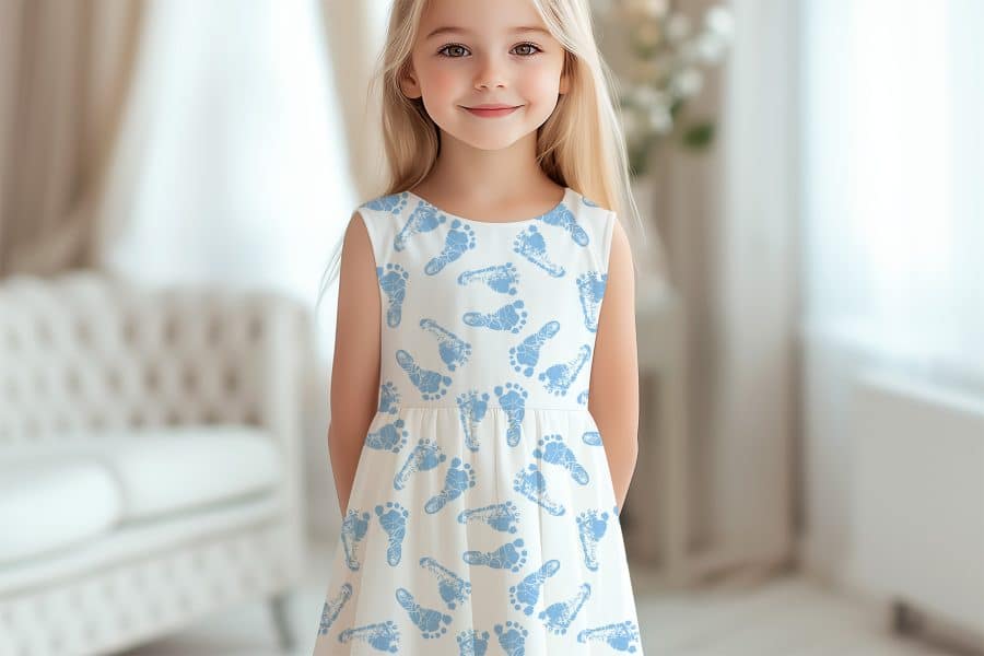 Girl In A White Dress With A Pattern Of Light Blue Baby Footprints.