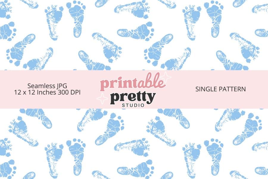 Seamless pattern of light blue baby footprints on a white background.