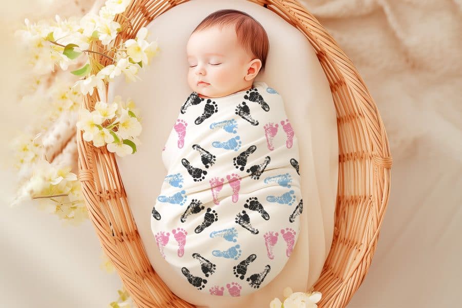 Sleeping newborn swaddled in a blanket with pink, blue, and black footprints.