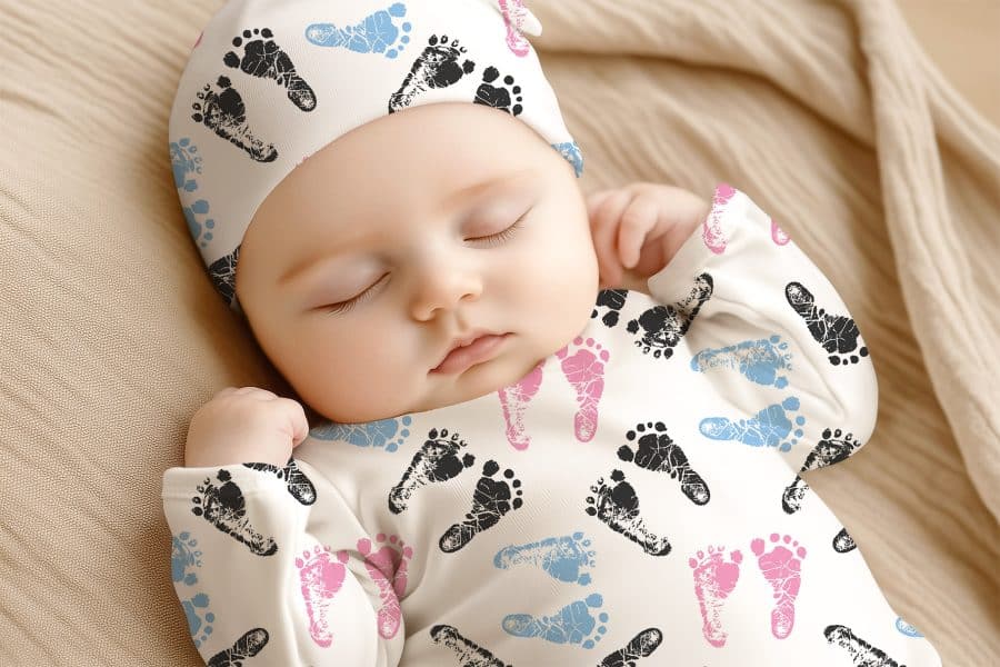 Sleeping Baby Wearing A Footed Onesie And Hat With A Footprint Pattern.