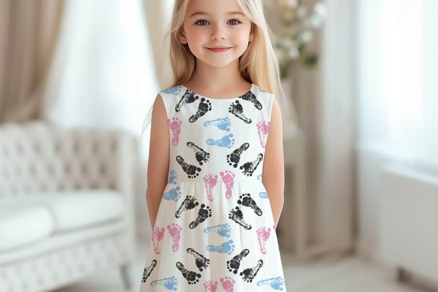 Girl Wearing A White Dress With A Pattern Of Pink, Blue, And Black Baby Footprints.