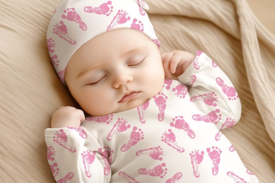 Sleeping Baby Wearing A Pink Footprint Onesie And Matching Hat.