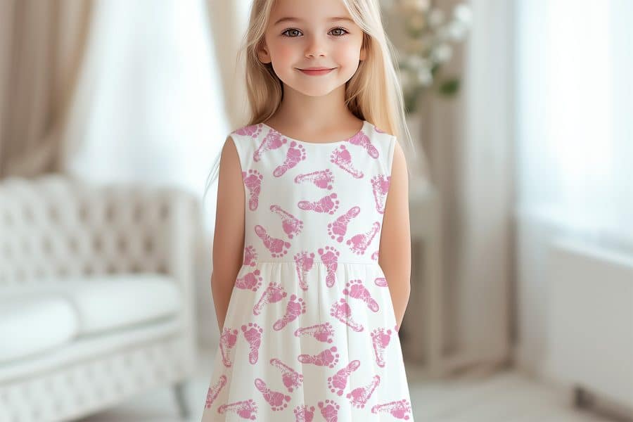 Girl In A White Dress With Pink Baby Footprints.