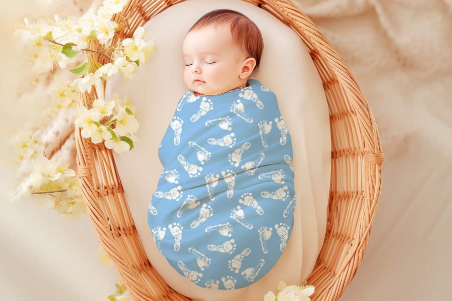 Sleeping baby swaddled in a light blue baby blanket with white footprints.