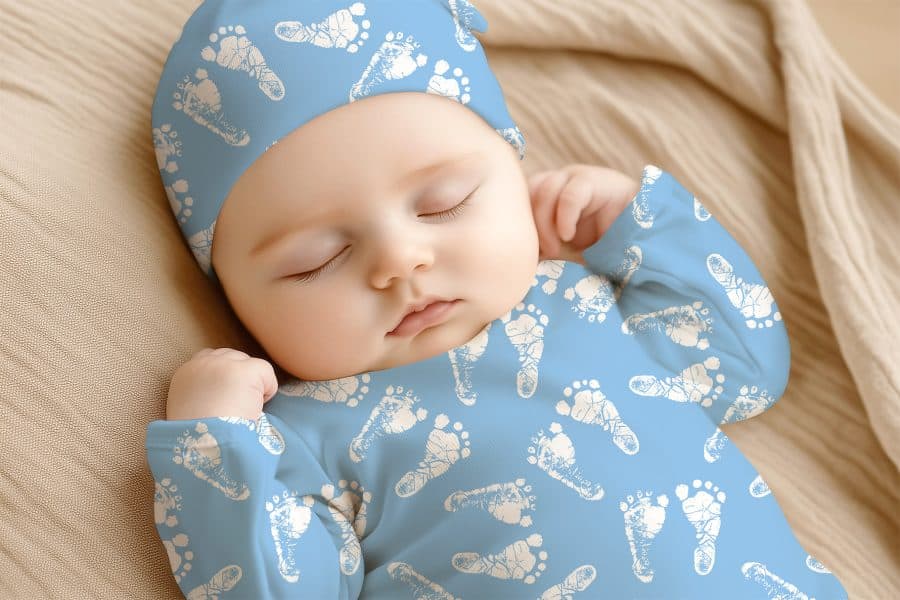 Sleeping Baby Wearing A Light Blue Footed Sleeper And Hat With A White Footprint Pattern.