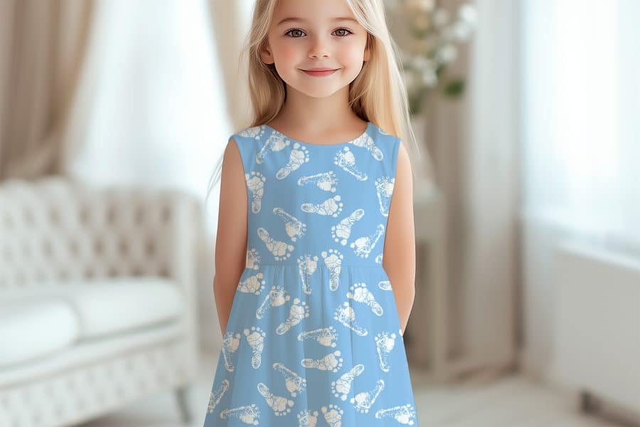 Girl Wearing A Light Blue Dress With A White Baby Footprint Pattern.