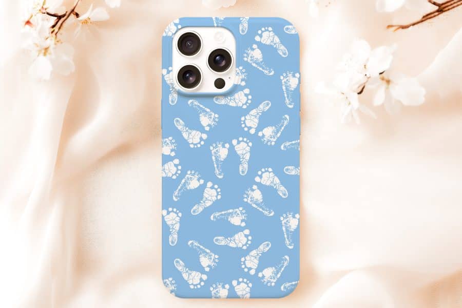 Light Blue Phone Case With A Pattern Of White Baby Footprints.