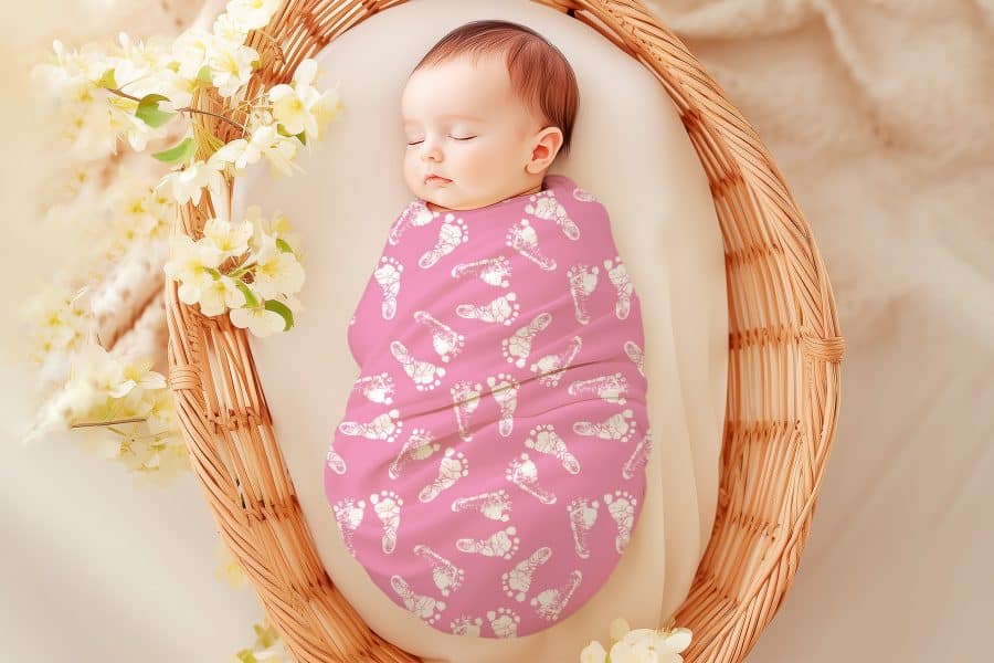 Sleeping baby swaddled in a pink baby wrap with a white footprint pattern.