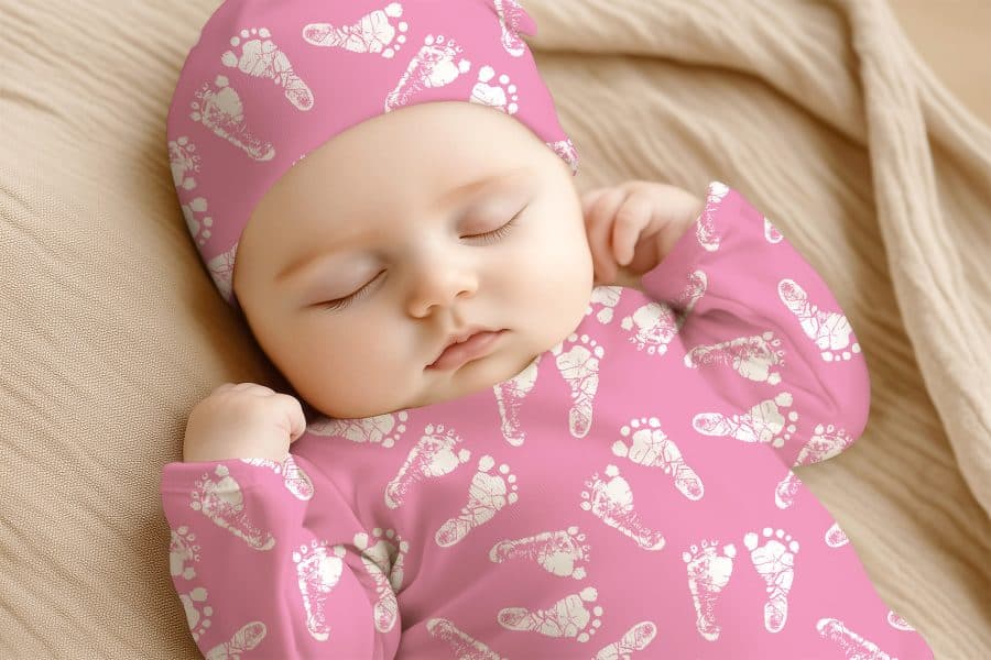 Sleeping Baby Wearing A Pink Footed Pajamas And Matching Hat.
