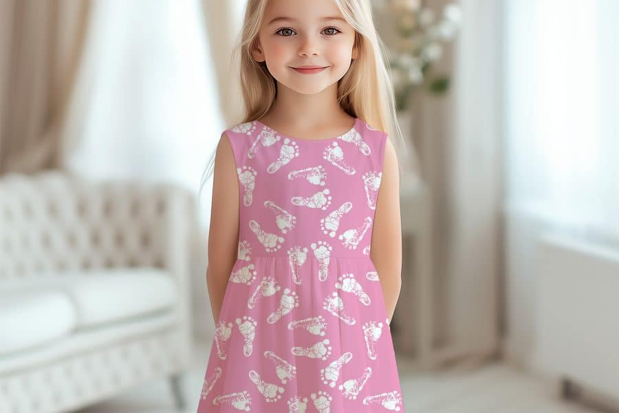 Girl In Pink Dress With White Footprint Pattern.