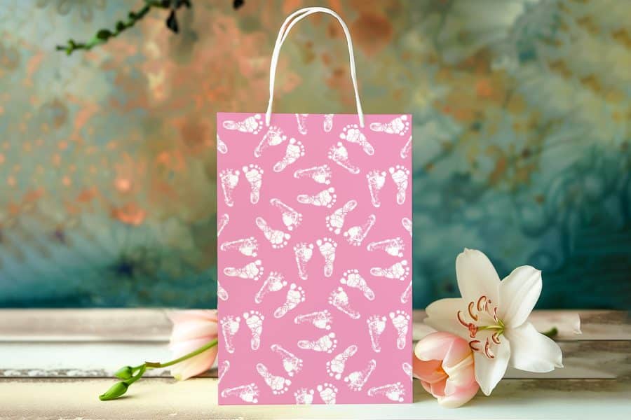 Pink Gift Bag With White Baby Footprints.