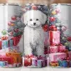 A White Fluffy Dog Sits Among Colorful Christmas Presents And A Decorated Tree On A Tall Tumbler.