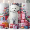 Three White Tumblers Featuring A Fluffy White Dog Sitting Amidst Colorful Christmas Presents And A Decorated Tree.