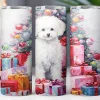Three Christmas-Themed Tumblers Featuring A White Bichon Frise Sitting Amidst Colorful Presents And A Decorated Christmas Tree.