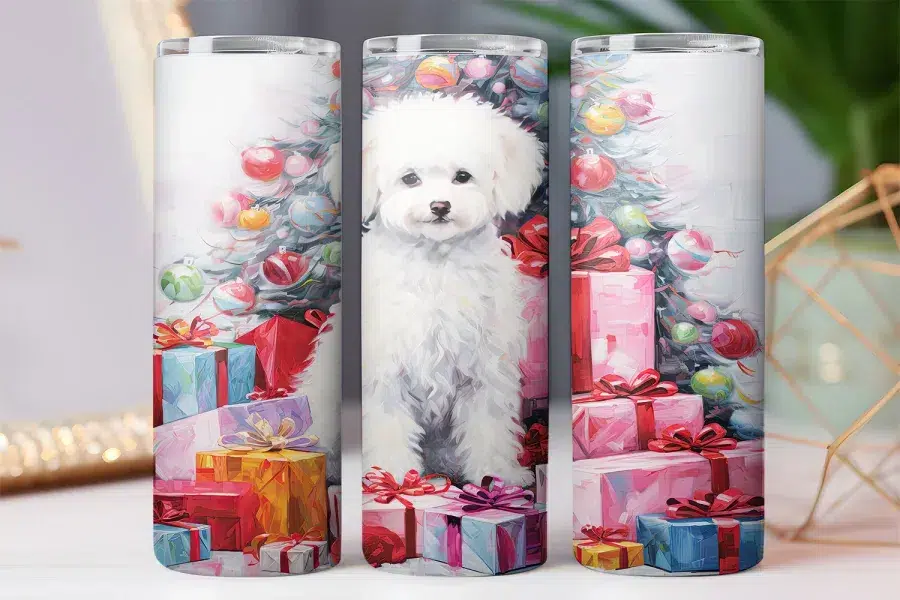 Three Christmas-Themed Tumblers Featuring A White Bichon Frise Sitting Amidst Colorful Presents And A Decorated Christmas Tree.