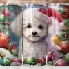 Three Christmas-Themed Tumblers Featuring A White Fluffy Dog Wearing A Santa Hat Surrounded By Ornaments And Greenery.