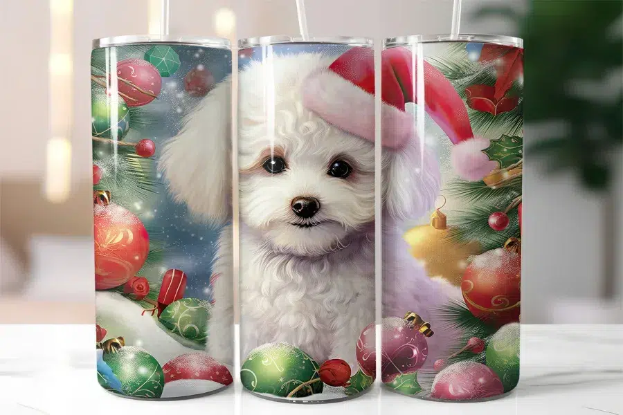 Three Christmas-Themed Tumblers Featuring A White Fluffy Dog Wearing A Santa Hat, Surrounded By Ornaments And Greenery.