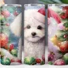 Three Christmas Tumblers Featuring A White Fluffy Dog Surrounded By Ornaments And Holiday Greenery.