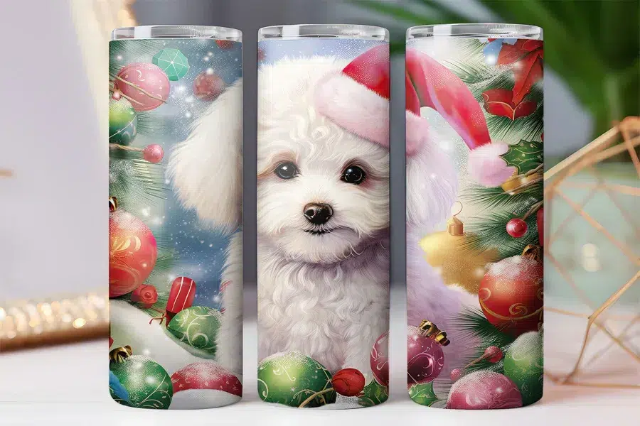 Three Christmas Tumblers Featuring A White Fluffy Dog Surrounded By Ornaments And Holiday Greenery.