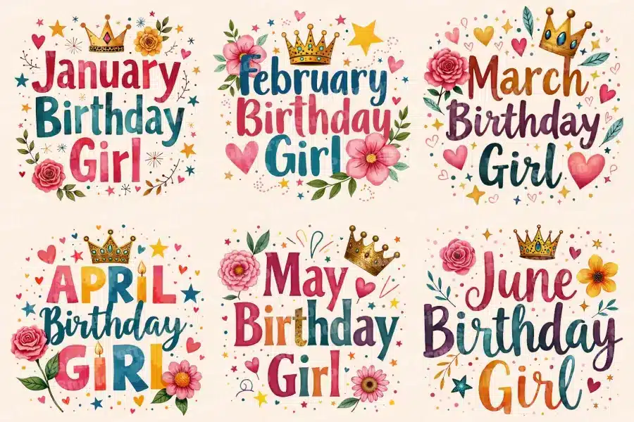 Six Colorful Birthday Designs, Each Featuring A Month, &Quot;Birthday Girl,&Quot; A Crown, And Flowers.