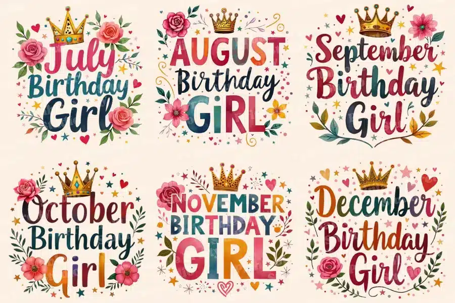 Six Colorful Birthday Designs, Each Featuring A Month, Crown, Flowers, And The Text &Quot;Birthday Girl&Quot;.