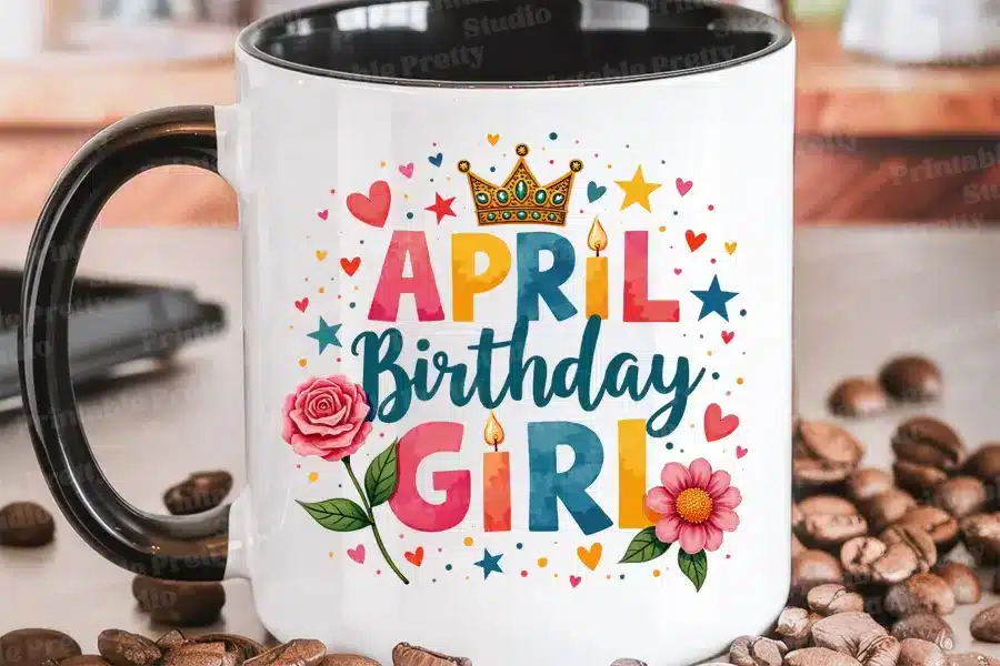 A Coffee Mug With The Text April Birthday Girl, Decorated With A Crown, Hearts, Stars, And Flowers.