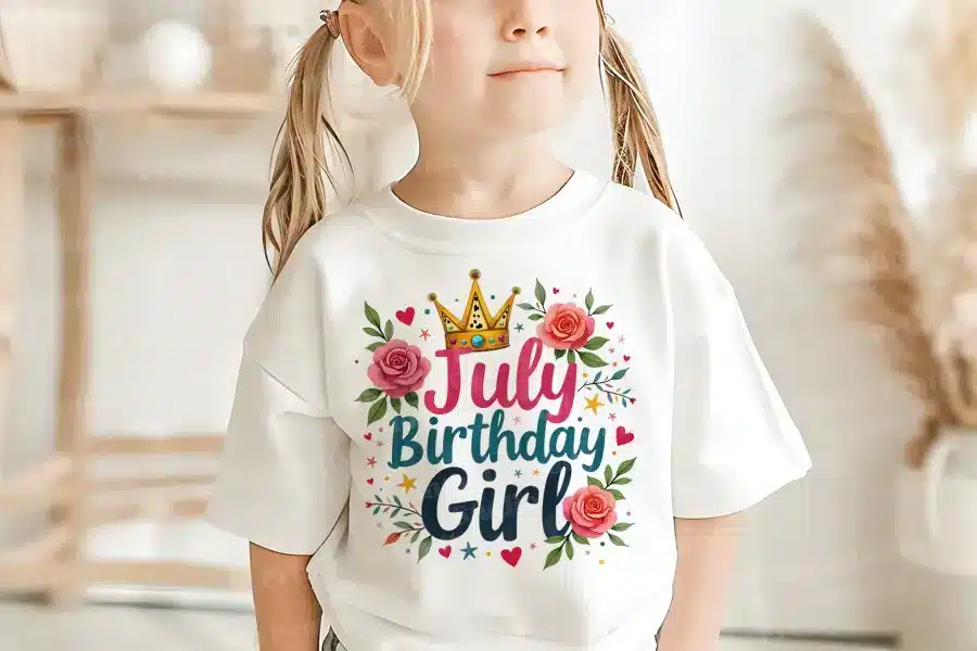 A Young Girl Wearing A White Shirt That Says July Birthday Girl, Decorated With A Crown And Roses.