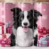 Three Pink Tumblers Featuring A Border Collie Surrounded By Presents And Snowflakes.