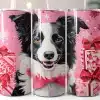 Three Pink Tumblers Featuring A Black And White Border Collie Wearing A Pink Bow, Surrounded By Pink Presents And Snowflakes.