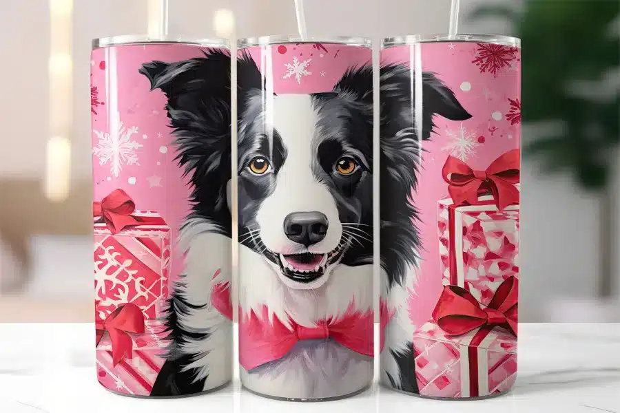 Three Pink Tumblers Featuring A Black And White Border Collie Wearing A Pink Bow, Surrounded By Pink Presents And Snowflakes.